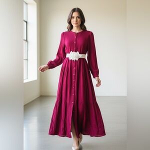 Long-Sleeve Button-Front Maxi Dress in Deep Berry